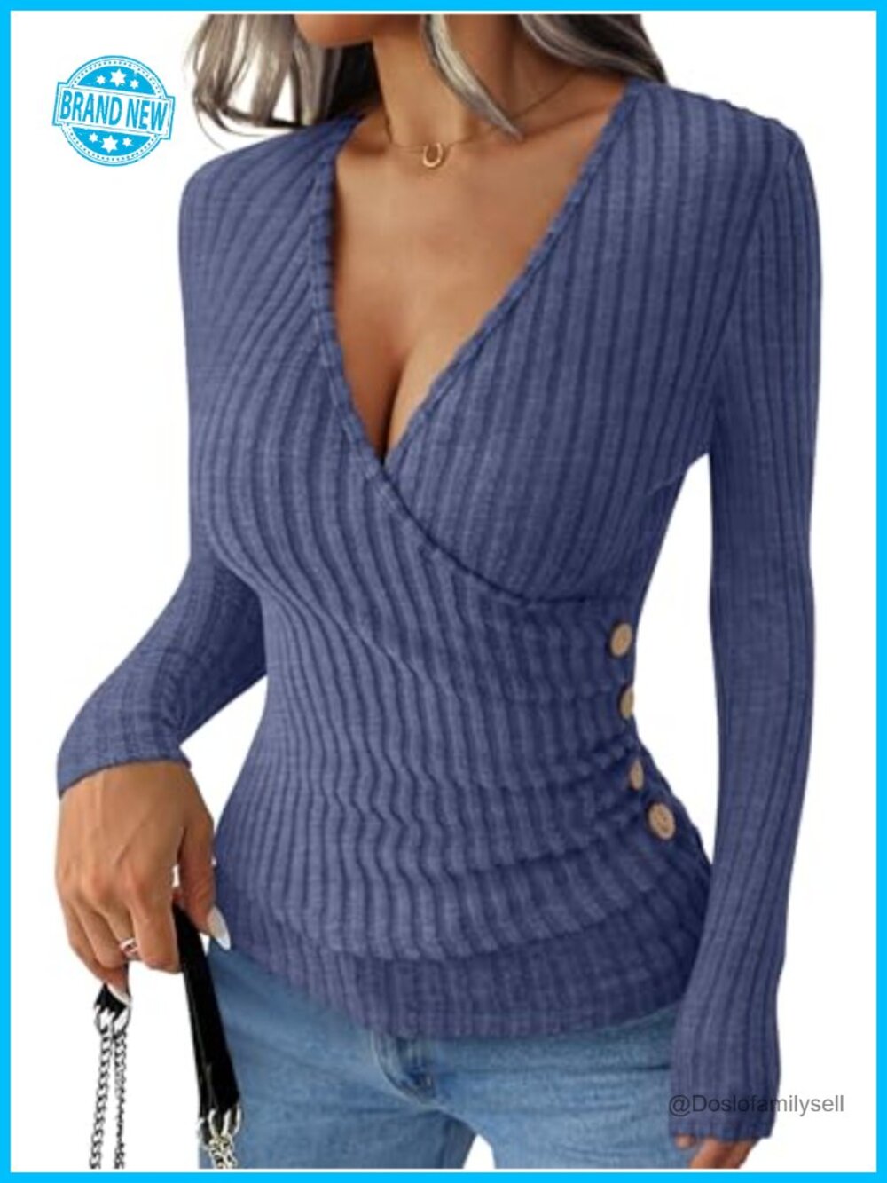 Womens V Neck Long Sleeve Slim Fit Blouse Button Side Fall Top